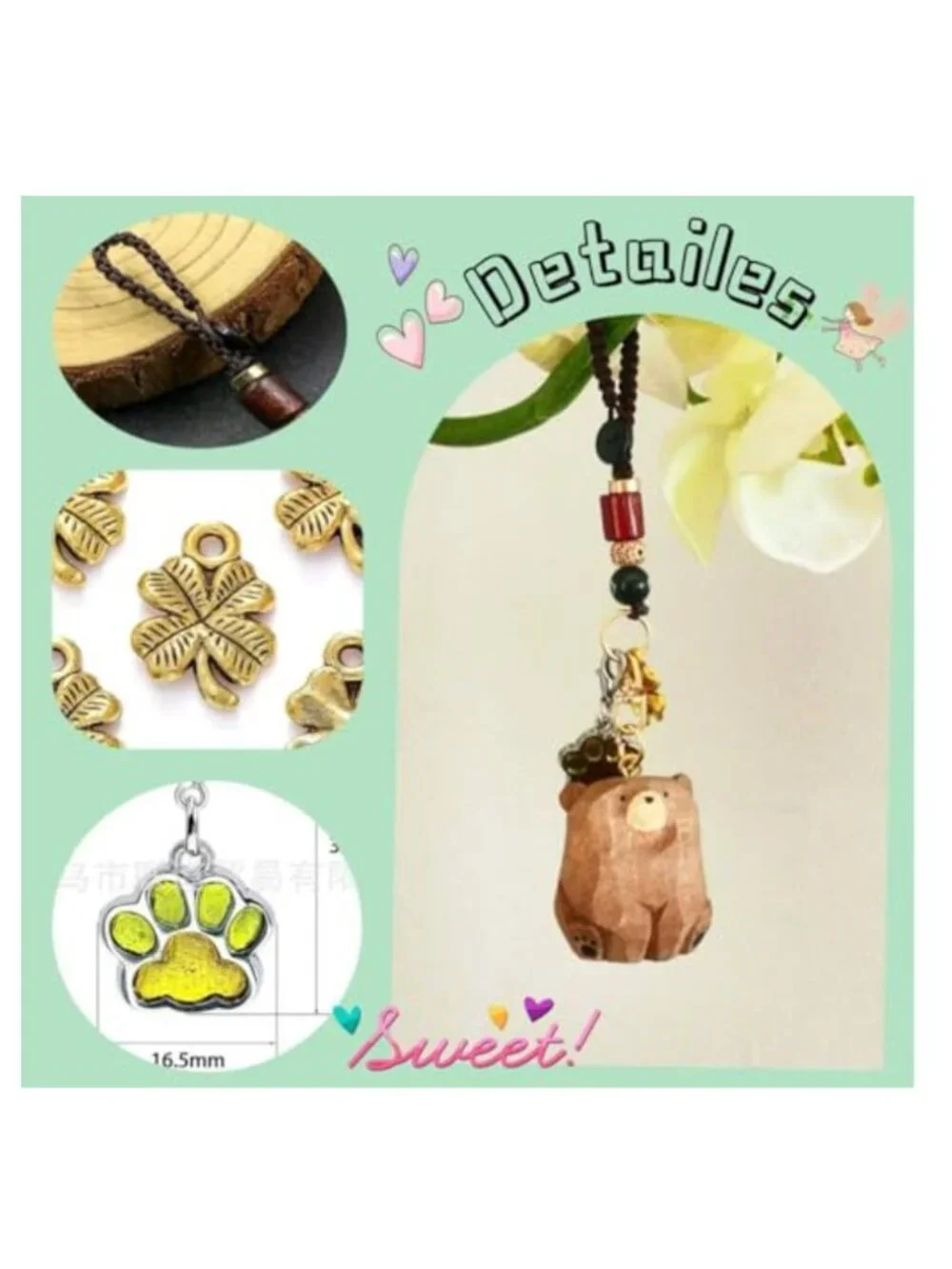 Handmade Wooden Bear Keychain with Four-Leaf Clover Charm, Lucky Keyring Gift